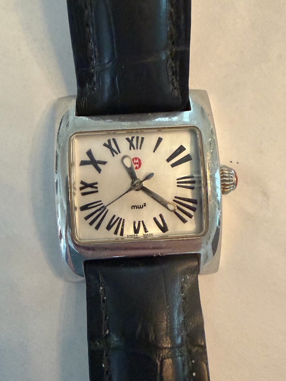 Michele Black Leather Strap Square Silver Watch
